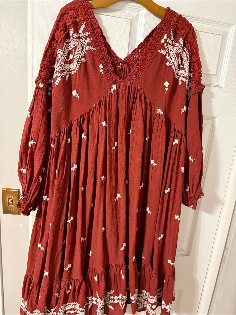 Bohemian Long-Sleeve Embroidered Maxi Dress — Rust with White Accents - Picture 7 of 7